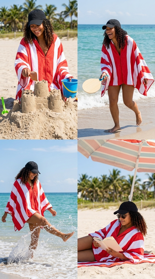 Four scenes of the red and white Ziptique Zippa towel being worn on the beach